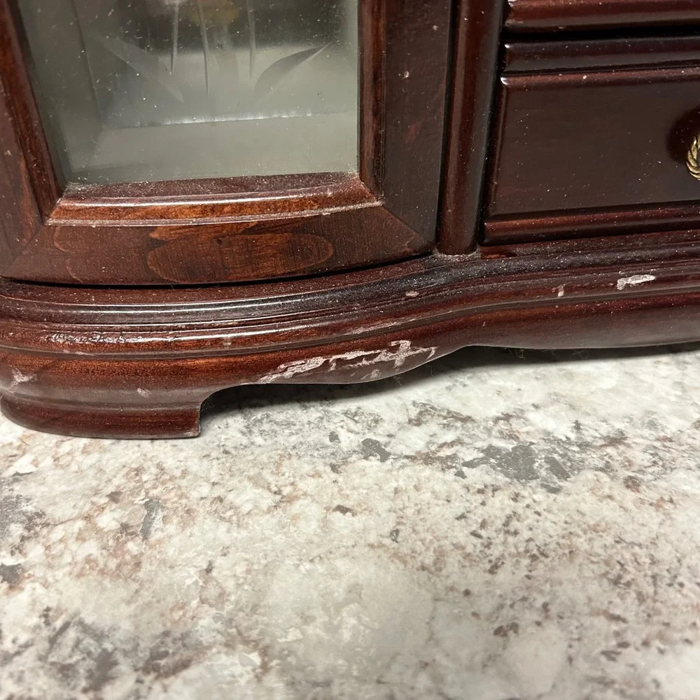 Vintage Wood Jewelry Armoire Large Brown Etched Glass 4-Drawer Rotating Hooks
